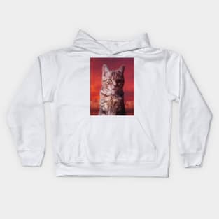 Grey tabby cat in the red sky Kids Hoodie